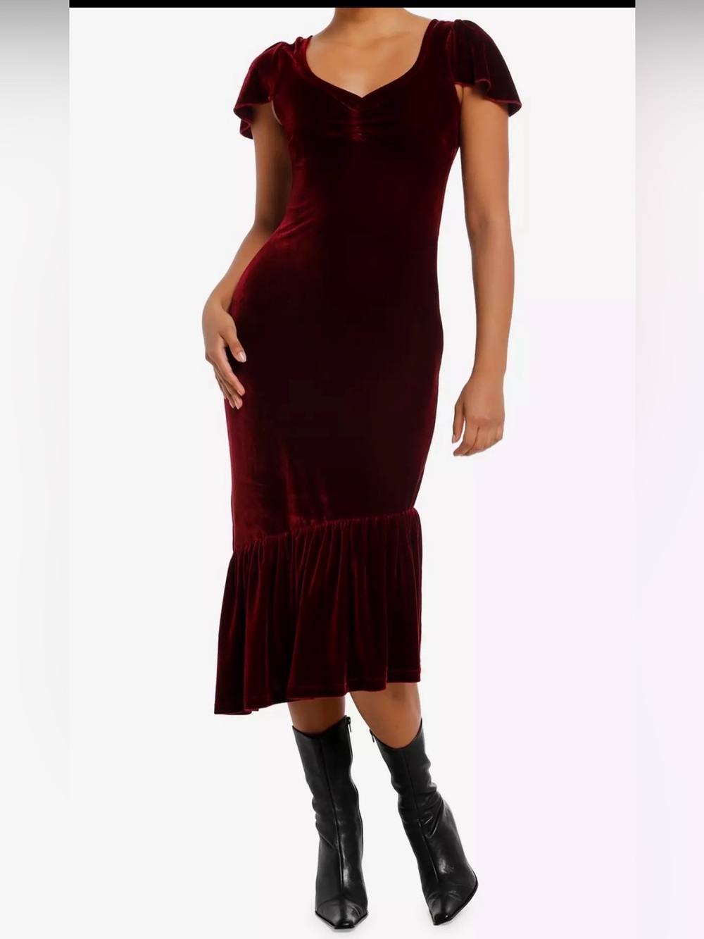 Cosmic Aura short sleeve burgundy velvet asymmetrical ruffle midi dress size S